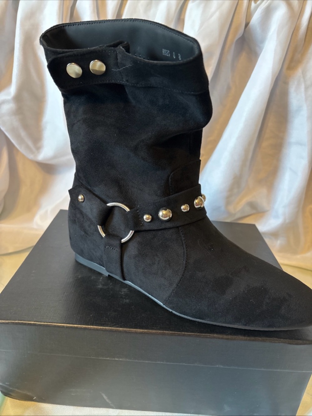 Conjuy, Women's Black Suede Studded Ankle Bootie with Ring Detail